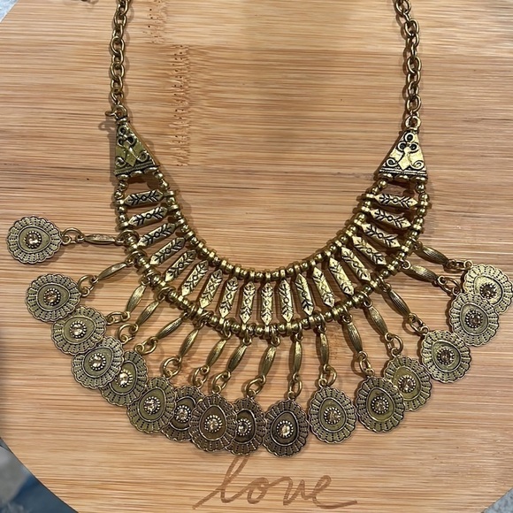 Boho Gypsy coins necklace in gold tone metal and rhine stones - Picture 5 of 11